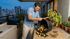 Batata bolinha no balde: a amontoa que faz o vaso render (e o sinal certo de colher)