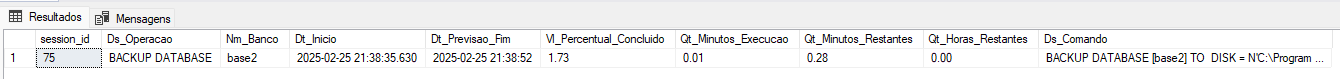 Resultado de backup em andamento